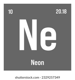 Neon, Ne, periodic table element with name, symbol, atomic number and weight. Inert gas with various industrial uses, such as in lighting, lasers, and as a filling gas in certain types of insulation.