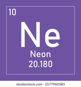 Neon (Ne) periodic table element chemistry symbol. Inert gas with various industrial uses, such as in cryogenics, welding, and as a lifting gas in balloons and airships.