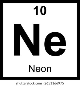 Bloco de tabela periódica de elementos neon (Ne). Ícone minimalista com número atômico 10. Elemento de gás nobre conhecido por sinais de néon brilhantes. Conceito de educação científica.