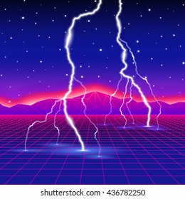 Neon new retro wave landscape with lightning