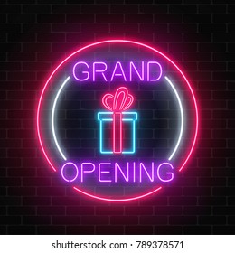 Neon new store grand opening with lottery and gift sign in circle shapes on a brick wall background. Round the clock working night club signboard with lettering. Vector illustration.