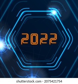 Neon New Year 2022 und Tech-Hexagons abstrakter Hintergrund. Vektorgrafik-Grußkartendesign