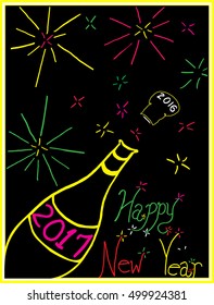 Neon New Year - Hand-drawn depiction of sending off 2016 on a champagne cork and ringing in 2017 with neon colorful fireworks.You can customize the vector or leave it as is for your project needs.