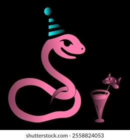 Neon New Year's Eve snake with cocktail on a black background for creating postcards, banners, vector illustration