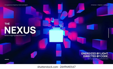 Neon Nexus Digital Background - Futuristic Tunnel of Glowing 3D Cubes and Tech Light Flow