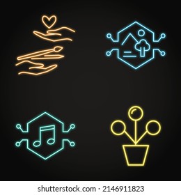 Neon NFT art icon set. Digital artists support, NFT market symbols. Vector illustration.