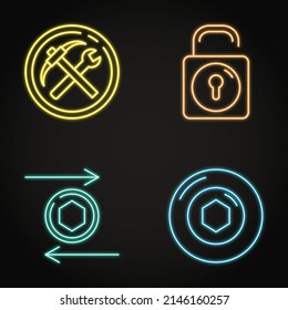 Neon NFT token icon set. Utility and security tokens, transaction symbols. Vector illustration.