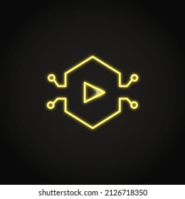 Neon NFT video icon in line style. Non fungible token concept. Vector illustration.
