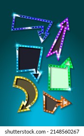 Neon Night Arrows colorful vector icons set. Realistic glowing pointers on transparent background. Location indicator for casino, bar, cinema, night club and motel, isolated symbols pack.