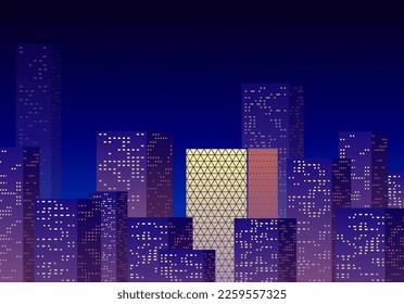 Neon night in the business city with skyscrapers. Purple highrise cityscape background in 80s style with neon lights in the windows.