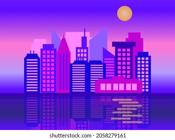 Neon night city illuminated, vector flat concept background.