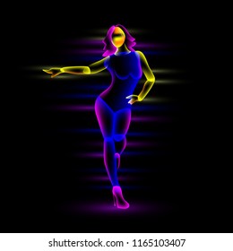 Neon Night Dance Girl. Abstract Transparent Overlay Layers Look Like A Virtual Dance Girl Character.