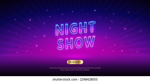Neon Night Show Website Template on Dark Background. Vector clip art.