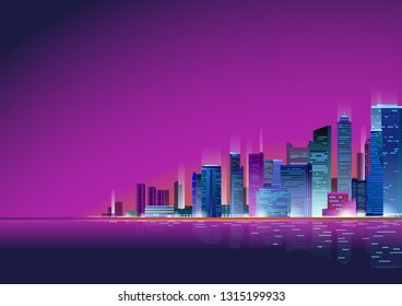 Neon Night Skyscrapers Cityscape vector illustration background. Skyscraper city town business concept.