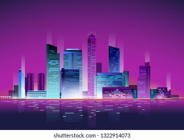 Neon Night Skyscrapers Cityscape vector illustration background. Skyscraper city town business concept.