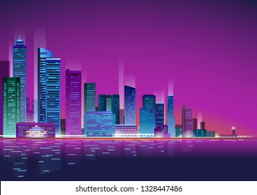 Neon Night Skyscrapers Cityscape vector illustration background. Skyscraper city town business concept.