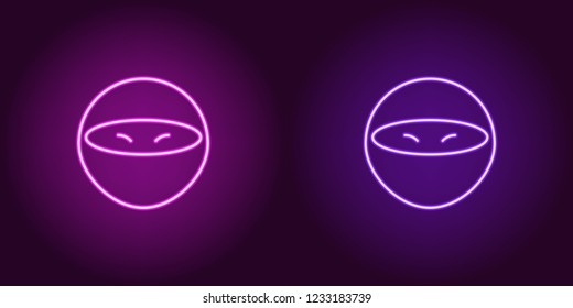 Neon ninja, glowing sign. Vector illustration of cartoon ninja in neon style, purple and violet colors. Glowing funny icon and emoji symbol for Game industry.