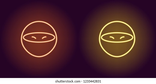 Neon ninja, glowing sign. Vector illustration of cartoon ninja in neon style, orange and yellow colors. Glowing funny icon and emoji symbol for Game industry.