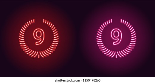 Neon Ninth place in red and pink color. Vector illustration icon of ninth Position in glowing neon style. Illuminated graphic Rating element for decoration