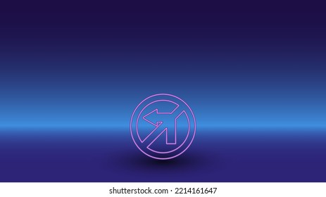 Neon no left turn symbol on a gradient blue background. The isolated symbol is located in the bottom center. Gradient blue with light blue skyline