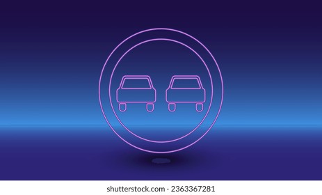 Neon no overtaking symbol on a gradient blue background. The isolated symbol is located in the bottom center. Gradient blue with light blue skyline