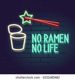 Neon no ramen no life . Magic wand makes hot food in dark night. Isolated line art style illustration on brick wall background.