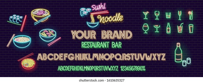 Neon noodle, sushi, cocktails and beer set with fluorescent alphabet. Isolated vector glowing letters and icons of brick wall background for menu, banner, advertisement.