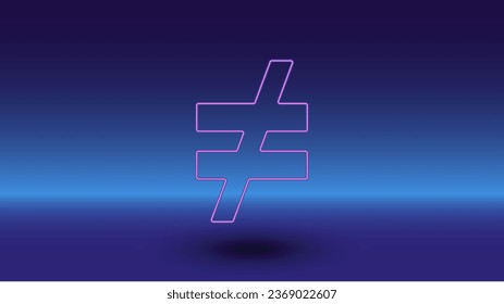 Neon not equal symbol on a gradient blue background. The isolated symbol is located in the bottom center. Gradient blue with light blue skyline