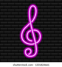 Neon notes. Musical neon key. Neon sign of bright colors. Neon sign.