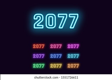 Neon number 2077, Cyberpunk digits in different Monochrome colors. Set of glowing year 2077 in Neon style with transparent backlight. Icon, Sign and Symbol. Vector illustration