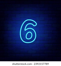 Neon number 6. Six symbol on brick wall. Shiny turquoise logotype. Simple shape. Glowing banner. Bright emblem. Editing text. Vector stock illustration