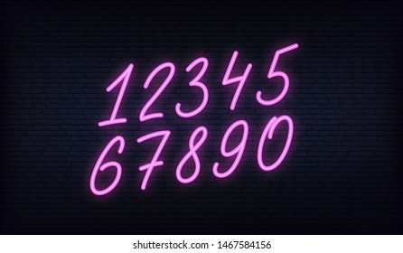 Neon number characters set. Glowing neon hand lettering numbers in a set.