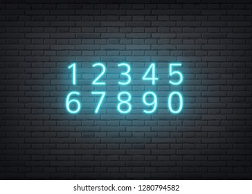Neon number collection on dark brick wall background. Retro glowing numbers for nigh club, bar or vintage cafe signage design. Vector electric lamp style type for casino, nightlife entertainment