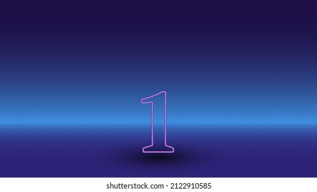 Neon number one symbol on a gradient blue background. The isolated symbol is located in the bottom center. Gradient blue with light blue skyline
