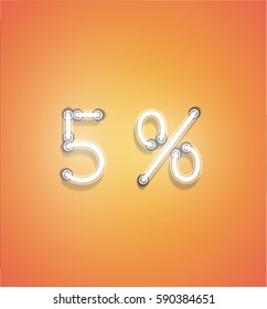 Neon number with percentage on orange background glowing for advertising, vector illustration