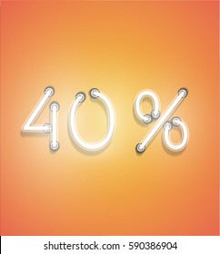 Neon number with percentage on orange background glowing for advertising, vector illustration