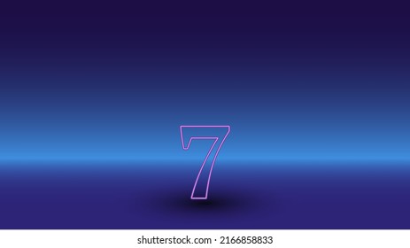 Neon number seven symbol on a gradient blue background. The isolated symbol is located in the bottom center. Gradient blue with light blue skyline