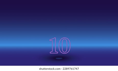 Neon number ten symbol on a gradient blue background. The isolated symbol is located in the bottom center. Gradient blue with light blue skyline