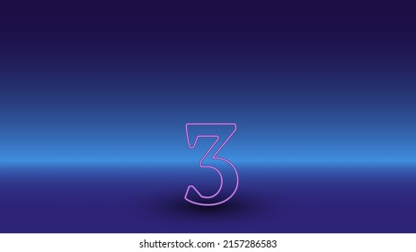 Neon number three symbol on a gradient blue background. The isolated symbol is located in the bottom center. Gradient blue with light blue skyline