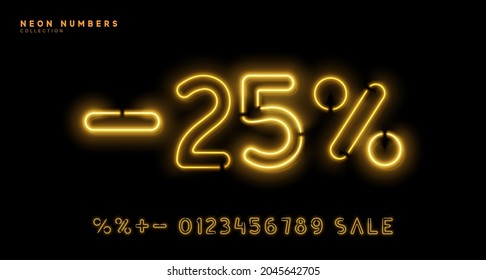 Neon numbers. Bright set of symbols with glowing backlight. 1, 2, 3, 4, 5, 6, 7, 8, 9, 0 percent sign. Discount sale. linear Light garland yellow and gold color. Vector illustration