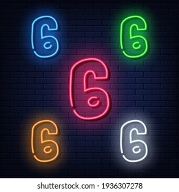 Neon numbers, five colors red, blue, green, yellow, white. Isolated font on dark blue brick wall background. Vector illustration eps 10.