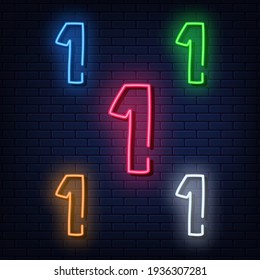 Neon numbers, five colors red, blue, green, yellow, white. Isolated font on dark blue brick wall background. Vector illustration eps 10.