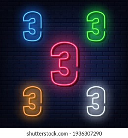 Neon numbers, five colors red, blue, green, yellow, white. Isolated font on dark blue brick wall background. Vector illustration eps 10.