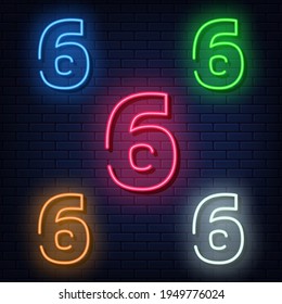 Neon numbers, five colors red, blue, green, yellow, white. Isolated font on dark blue brick wall background. Vector illustration eps 10.