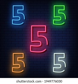 Neon numbers, five colors red, blue, green, yellow, white. Isolated font on dark blue brick wall background. Vector illustration eps 10.