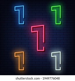 Neon numbers, five colors red, blue, green, yellow, white. Isolated font on dark blue brick wall background. Vector illustration eps 10.