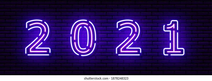 Neon numbers made of dotted lines, with shadow. Each element is isolated. Against a brick wall. For your design, signage, billboards. Purple and blue colors. Inscription 2021