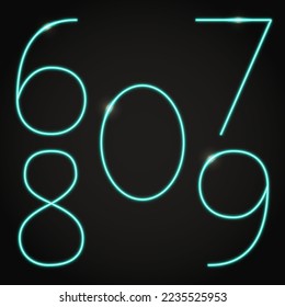 Neon numbers on dark background. Shining digits from 6 to 0. Vector illustration.