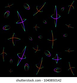 Neon objects on a black background. Stars and spheres for decoration of fabric and paper.
