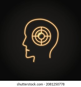 Neon obsession icon in thin line style. Fixated thinking, target symbol in the head. Vector illustration.